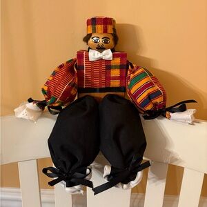 Wooden African Collectible Handcrafted Doll - Authentic Kente Fabric. Preowned